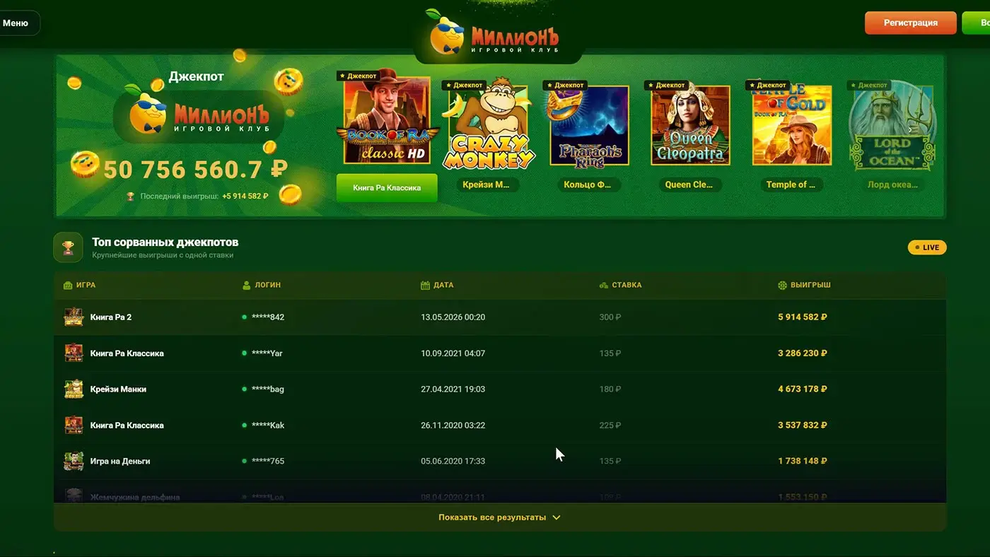 Джекпоты игрового клуба МиллионЪ